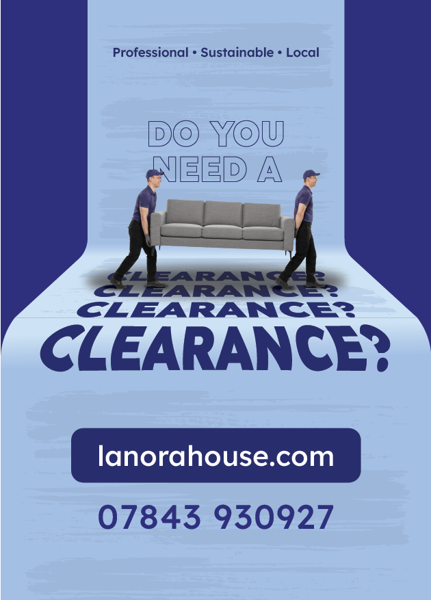 Clearance poster: the word Clearance scaling up in perspective as the sofa is carried out